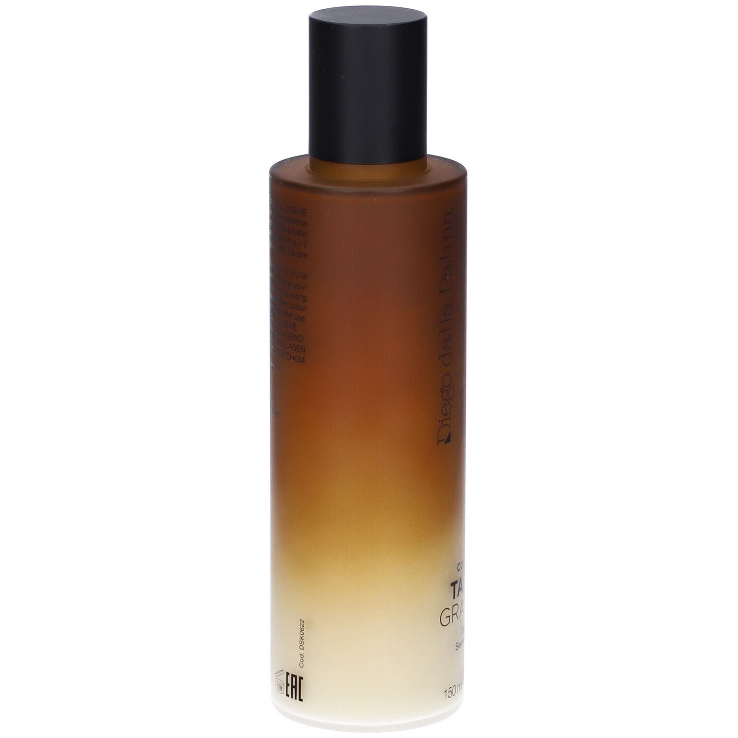 Flacone di siero autoabbronzante. Sfumatura marrone e bianca. Tappo nero. Testo sul retro.