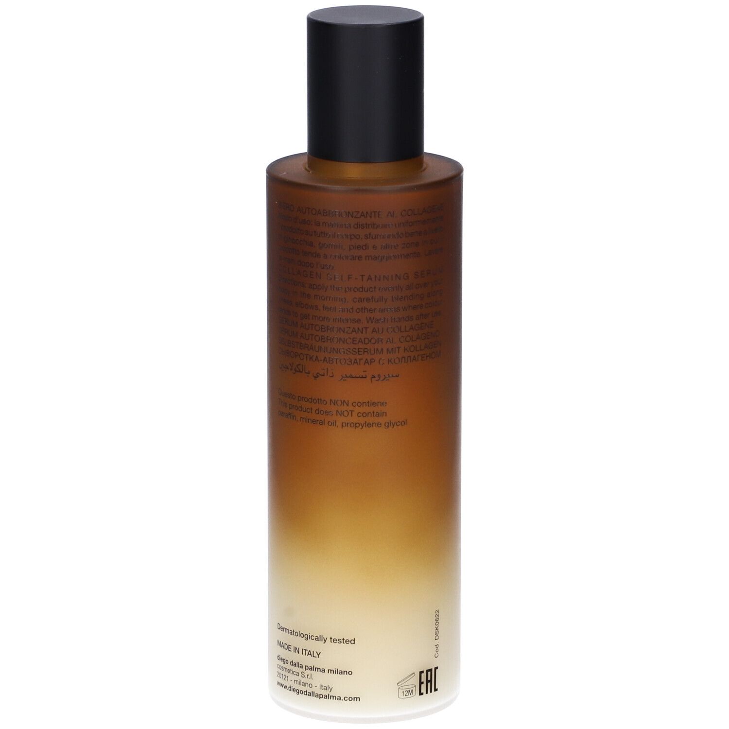 Flacone di siero autoabbronzante. Sfumatura marrone e bianca. Tappo nero. Testo sul retro.
