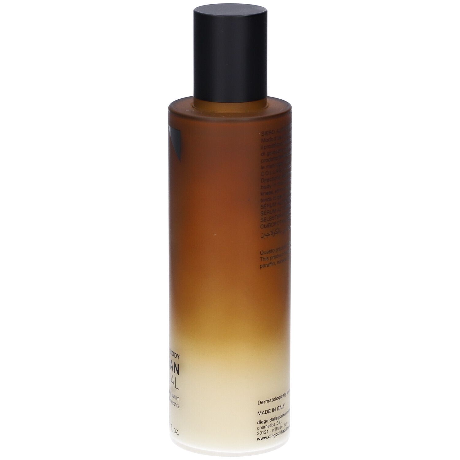 Flacone di siero autoabbronzante. Sfumatura marrone e bianca. Tappo nero. Testo sul retro.