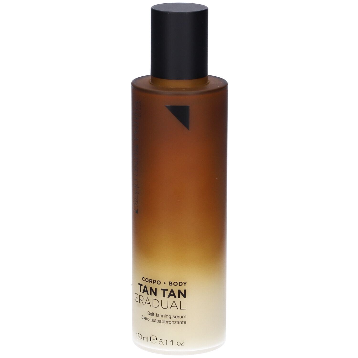 Flacone di siero autoabbronzante. Sfumatura marrone e bianca. Tappo nero. Testo: Tan Tan Gradual, 150 ml.