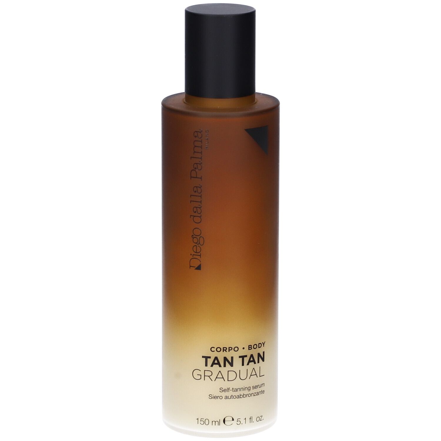 Flacone di siero autoabbronzante. Sfumatura marrone e bianca. Tappo nero. Testo: Tan Tan Gradual, 150 ml.