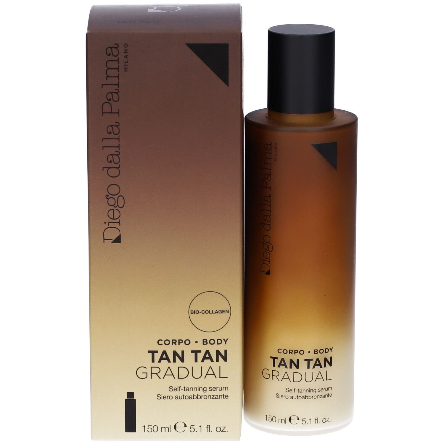 Confezione e flacone. Sfumatura marrone e bianca. Tappo nero. Testo: Tan Tan Gradual, 150 ml.