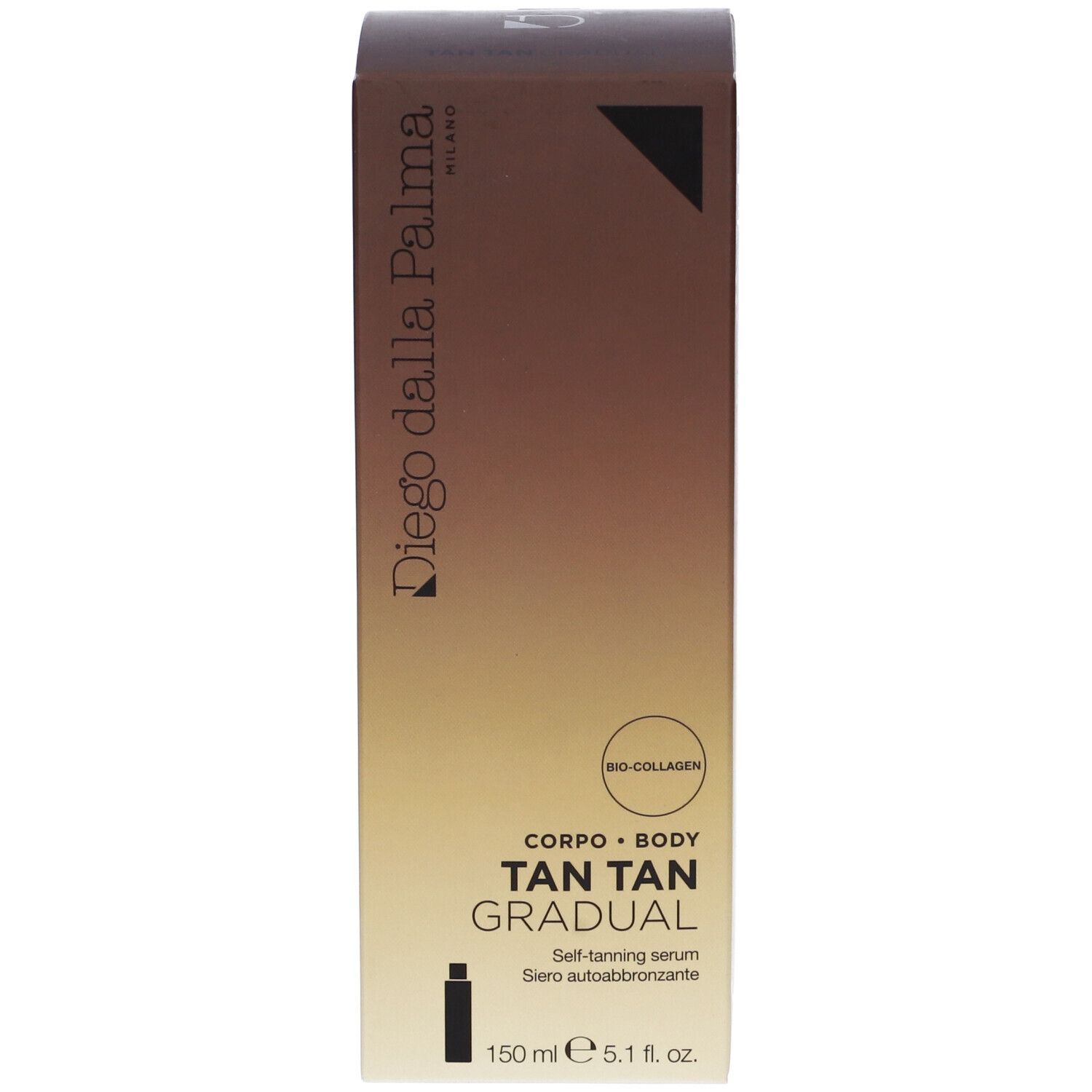 Confezione del prodotto. Sfumatura marrone e bianca. Testo: Tan Tan Gradual, 150 ml.