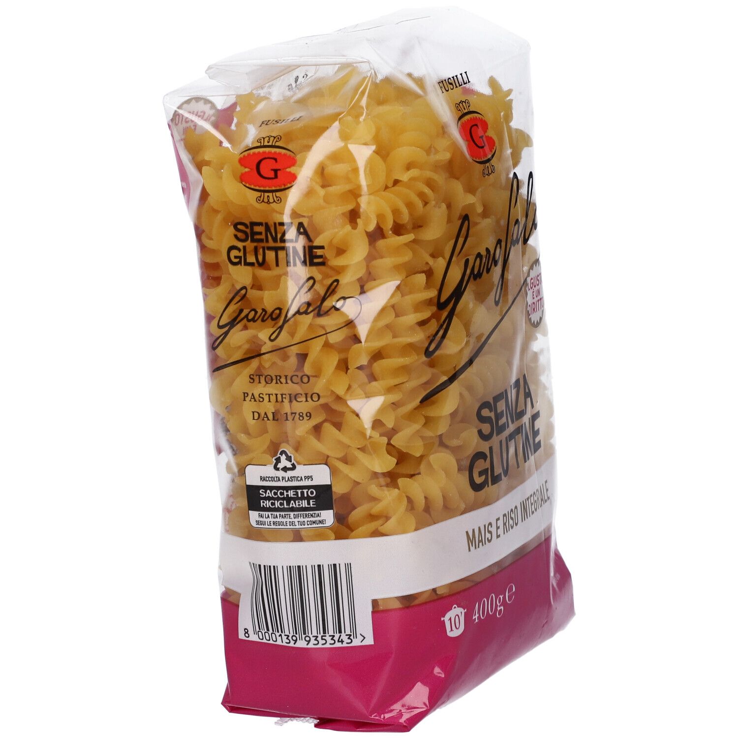 Confezione trasparente di pasta fusilli. Scritte: Garofalo, Senza Glutine, Mais e Riso Integrale. Codice a barre e simbolo di riciclo.