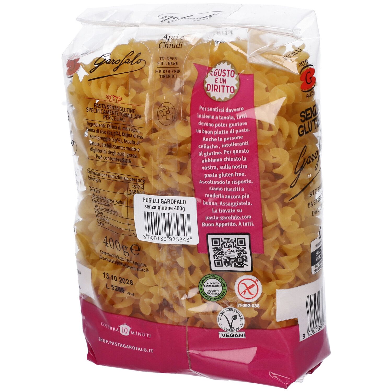 Retro della confezione di pasta fusilli. Testo: Fusilli Garofalo senza glutine. Informazioni nutrizionali e ingredienti. Sigillo vegano.