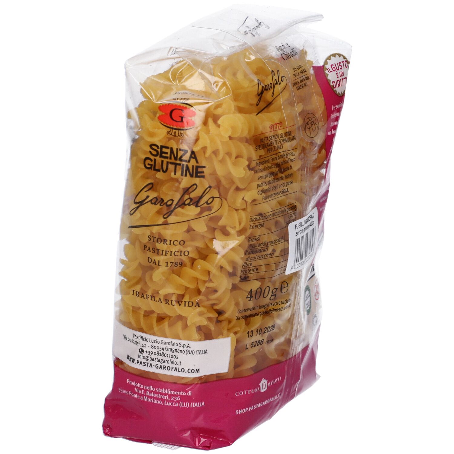 Confezione Garofalo Fusilli Senza Glutine, 400g. Con tempo di cottura e dettagli produzione.