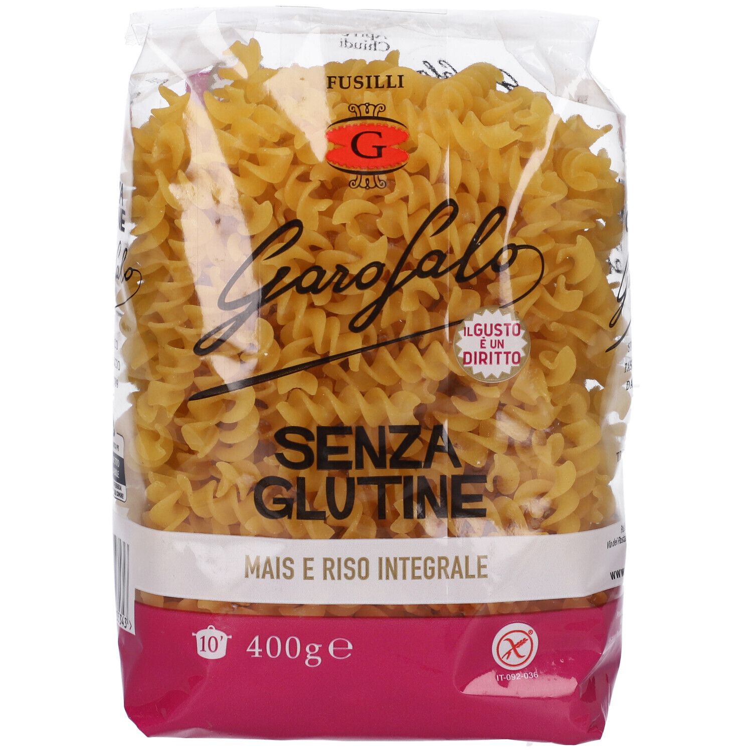 Confezione trasparente di pasta fusilli. Scritte: Garofalo, Senza Glutine, Mais e Riso Integrale. Simbolo senza glutine.