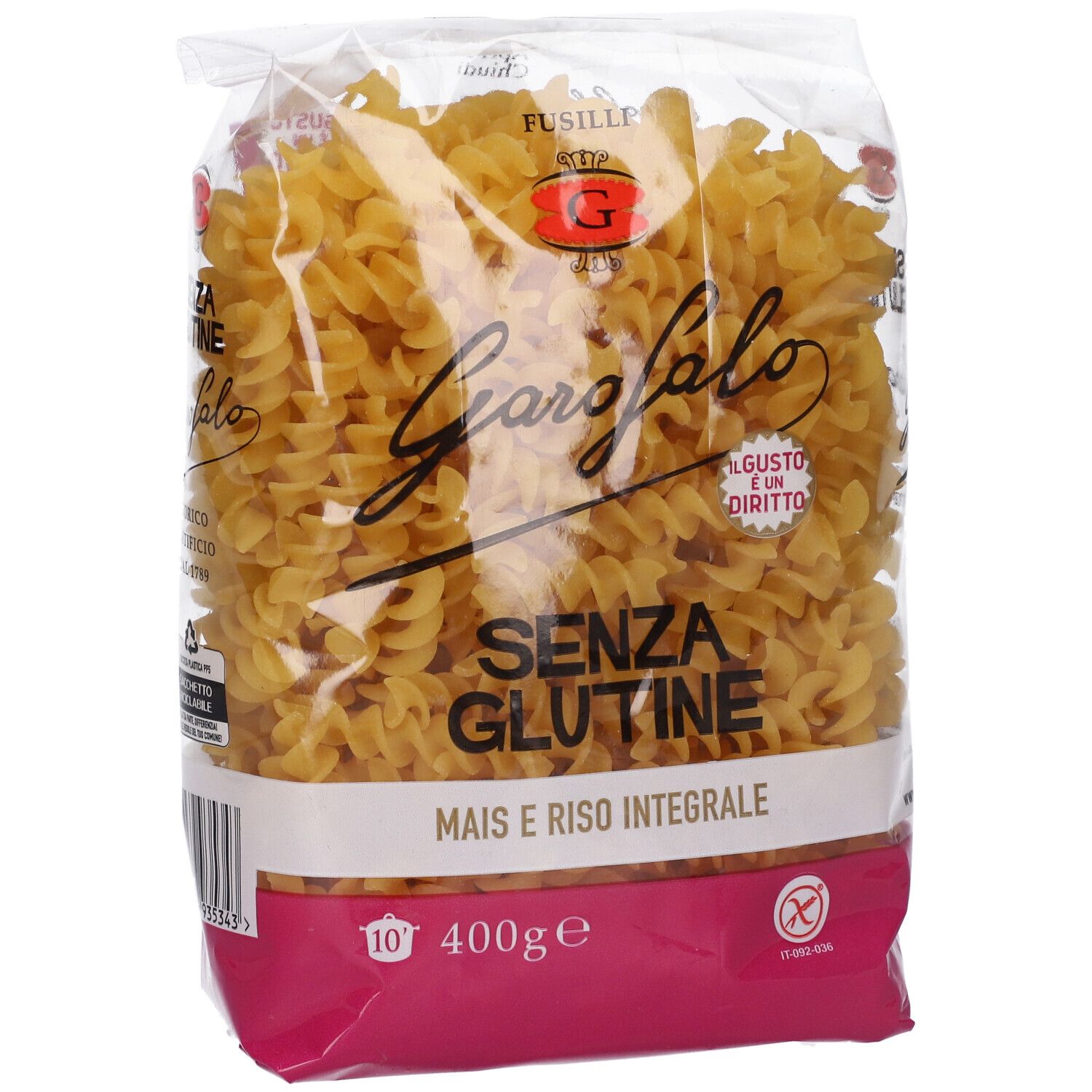Confezione trasparente di pasta fusilli. Scritte: Garofalo, Senza Glutine, Mais e Riso Integrale. Simbolo senza glutine.