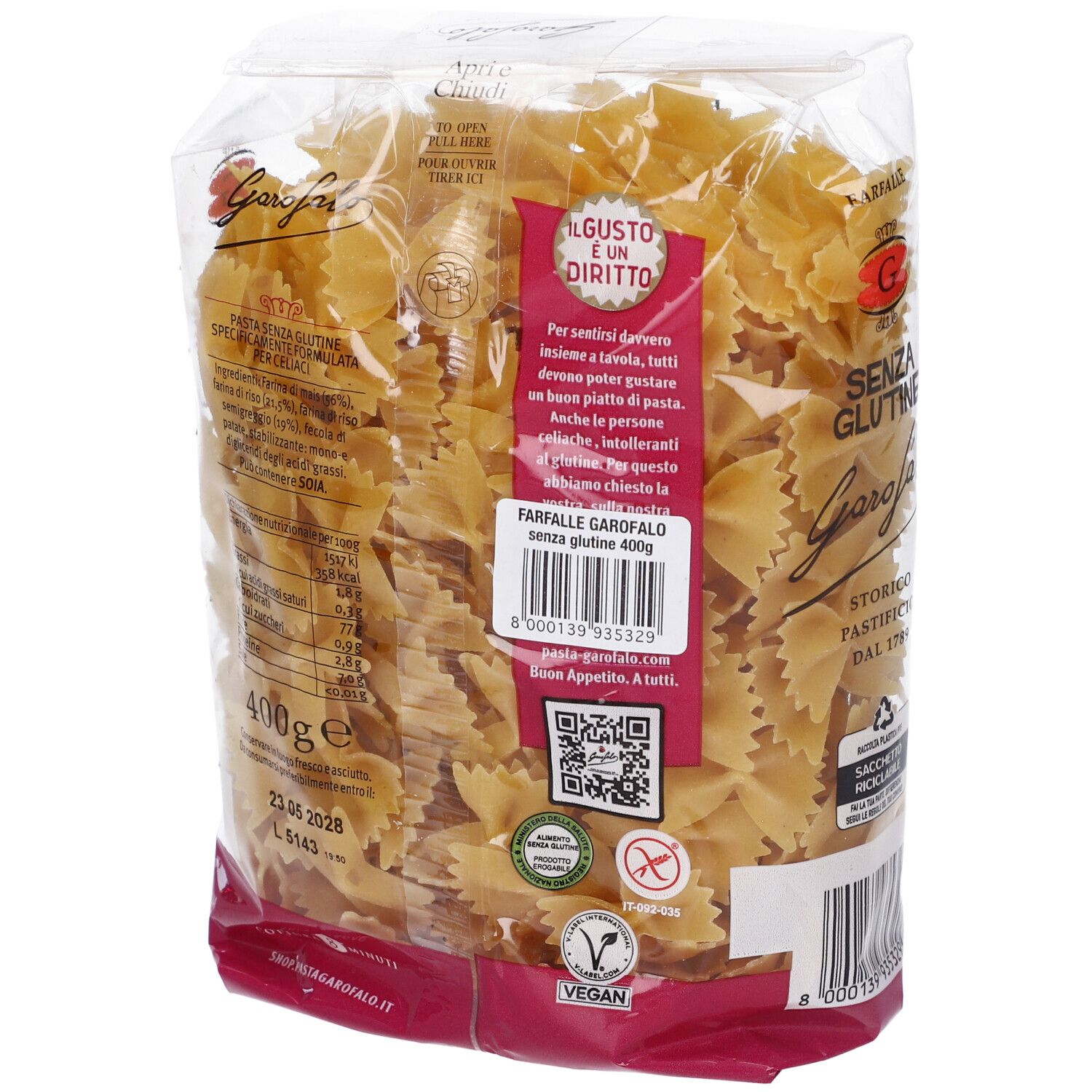 Retro confezione Garofalo Senza Glutine Farfalle. Scritta: 400g, senza glutine, vegano. Codice QR.