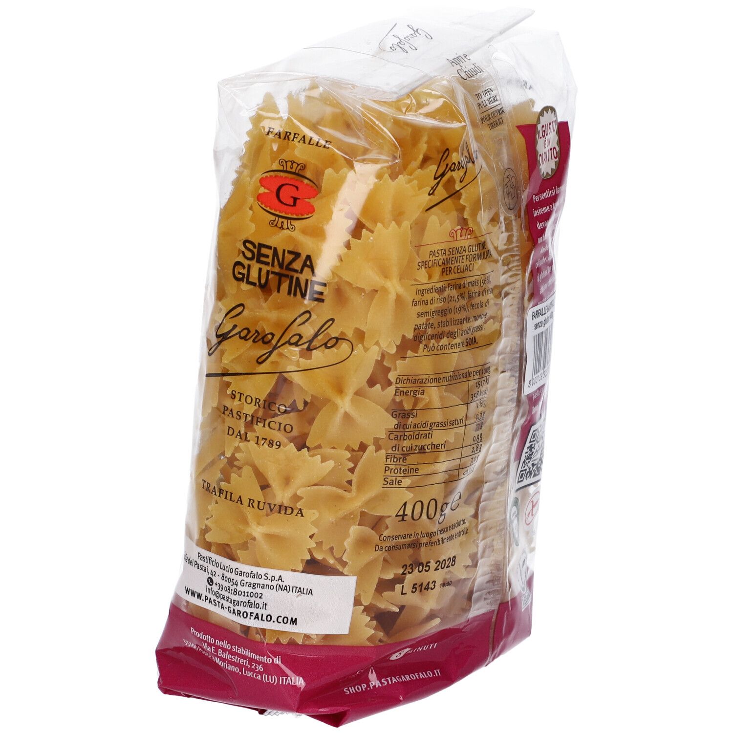 Confezione di pasta Garofalo Senza Glutine. Scritta: 400g, senza glutine. Vista obliqua.