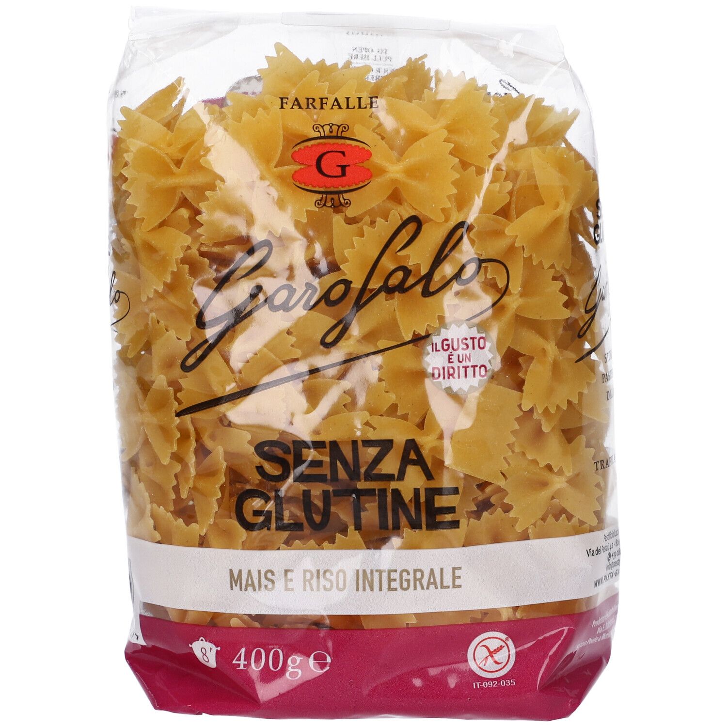 Confezione di pasta Garofalo Senza Glutine Farfalle. Scritta: Mais e Riso Integrale, 400g. Senza glutine.