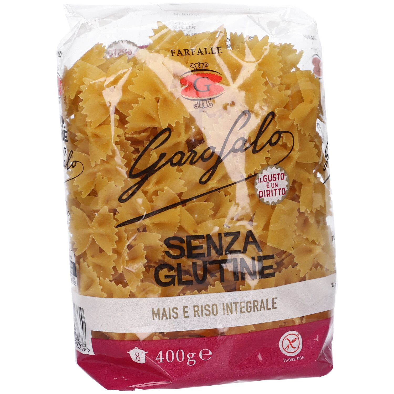 Confezione di pasta Garofalo Senza Glutine Farfalle. Scritta: Mais e Riso Integrale, 400g. Senza glutine.