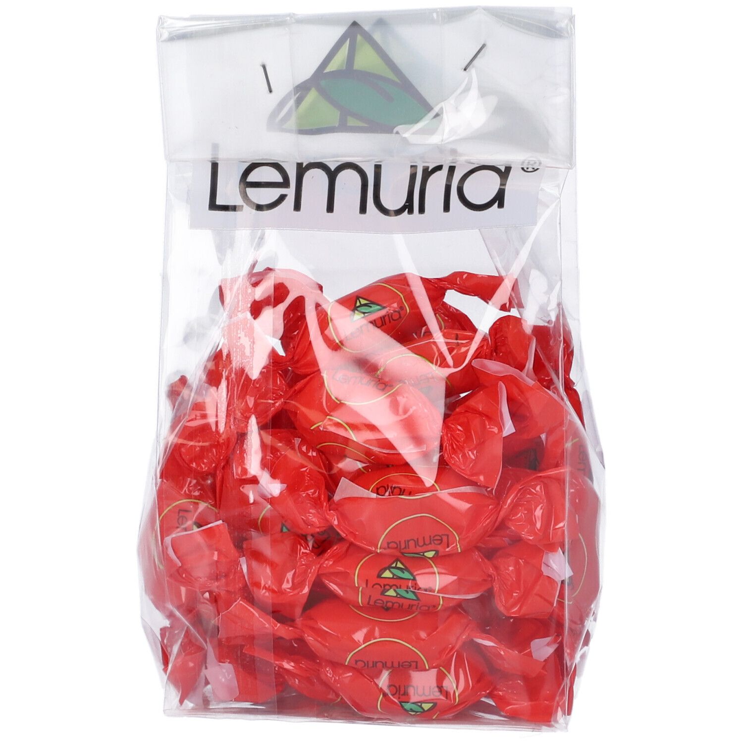 Sacchetto trasparente con caramelle rosse. Scritta: Lemuria, logo.