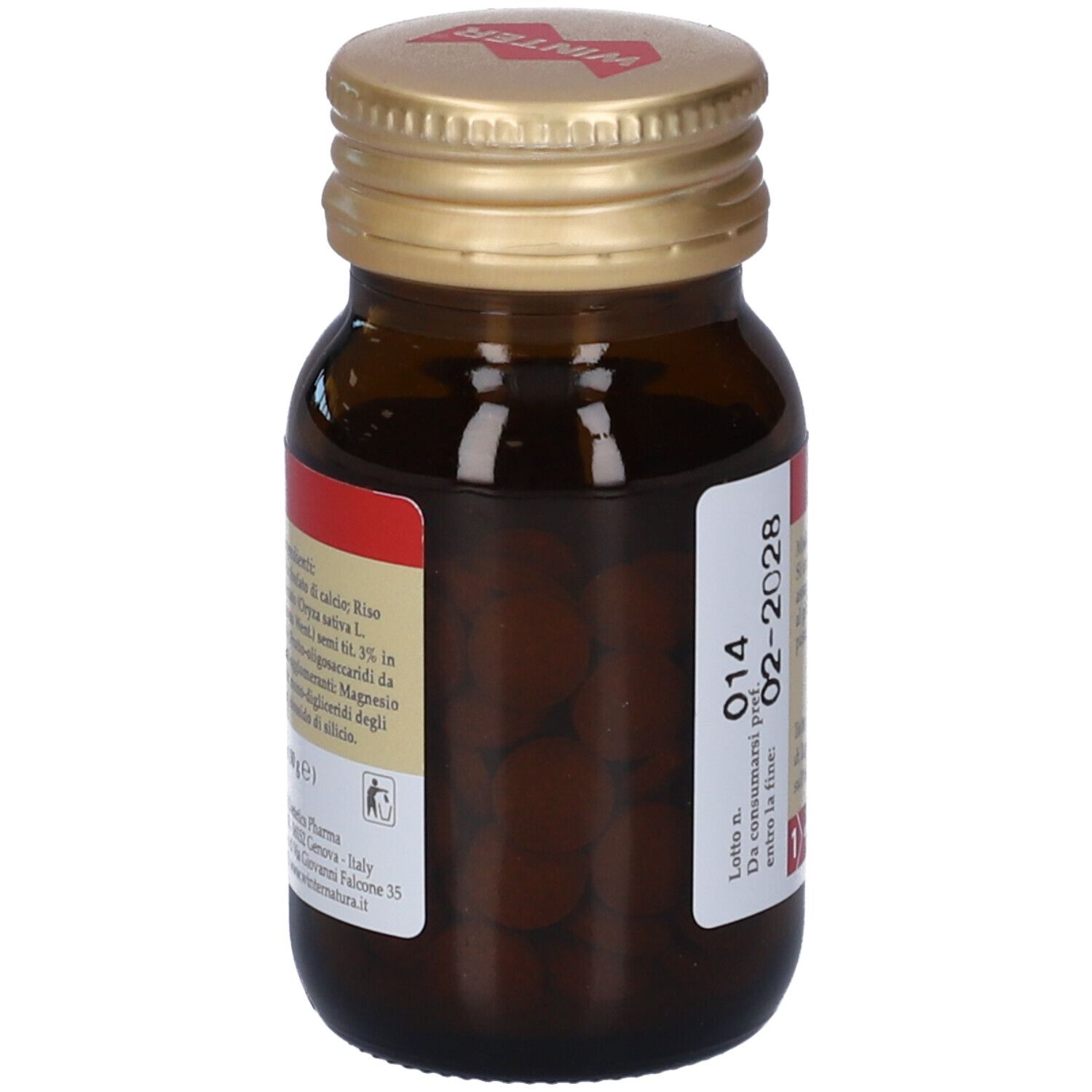 Flacone di vetro marrone con tappo dorato. Compresse visibili. Etichetta con informazioni sul prodotto e data di scadenza.