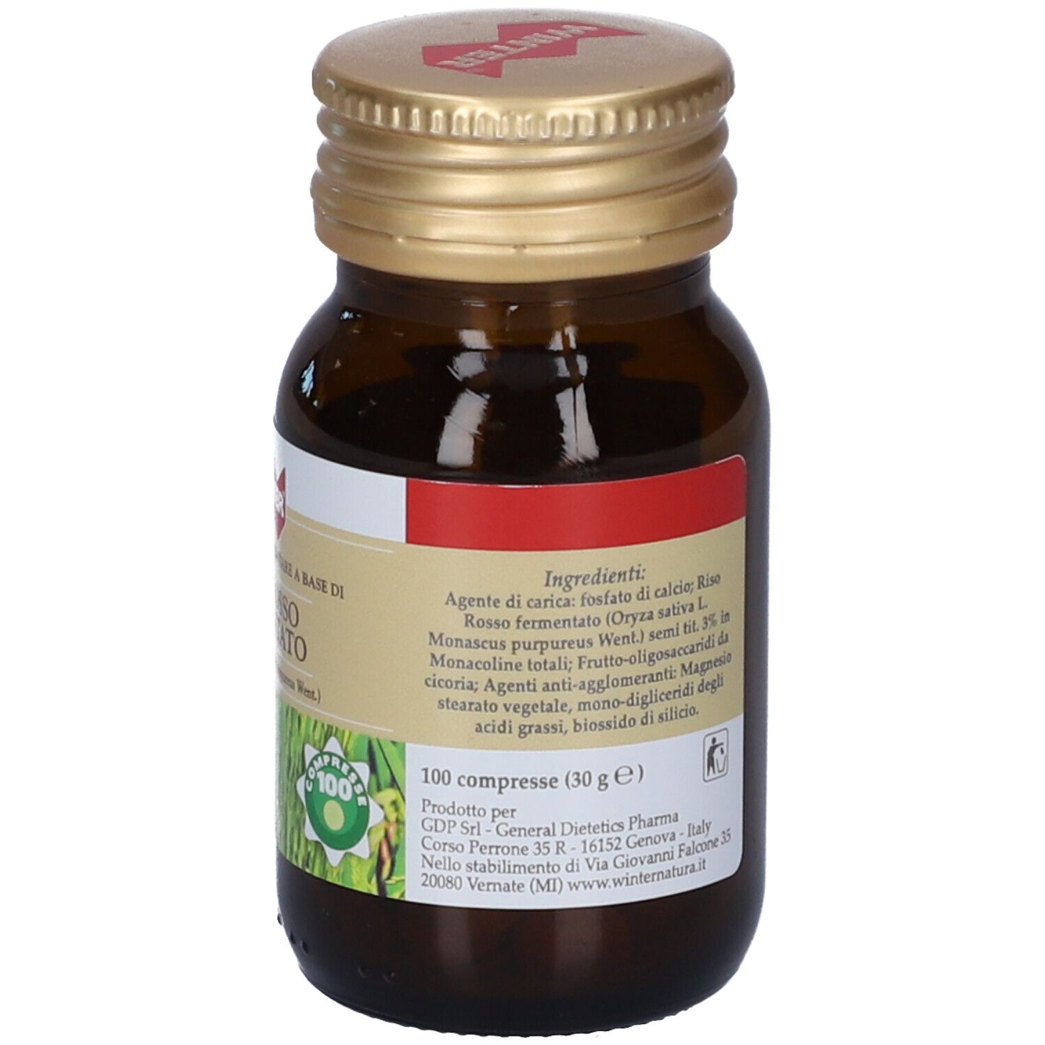 Flacone di vetro marrone con tappo dorato. Etichetta con ingredienti e informazioni sul prodotto. 100 compresse.