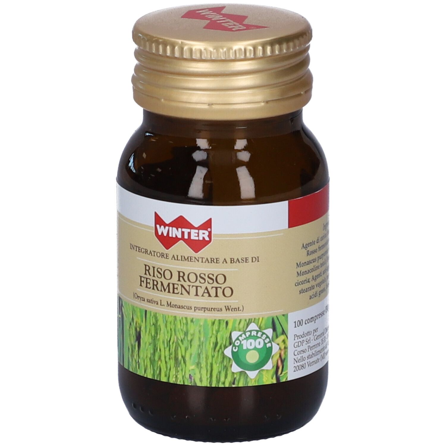 Flacone di vetro marrone con tappo dorato. Etichetta con nome del prodotto e logo. Sigillo verde e bianco. 100 compresse.