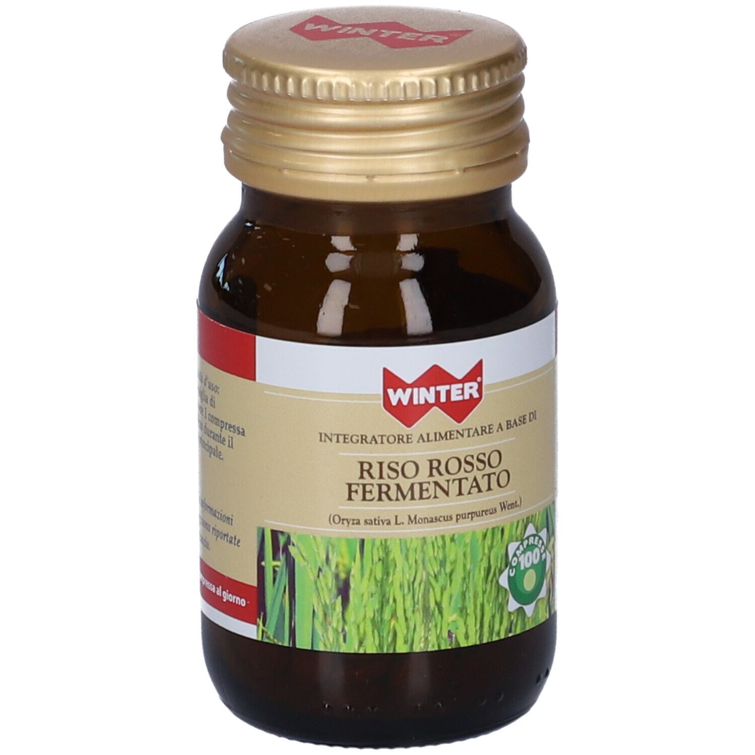 Flacone di vetro marrone con tappo dorato. Etichetta con nome del prodotto e logo. Sigillo verde e bianco. 100 compresse.