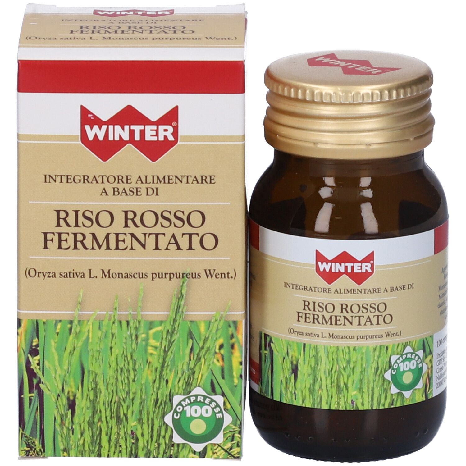 Flacone e confezione del prodotto. Flacone marrone, tappo dorato. Confezione con nome del prodotto e logo.