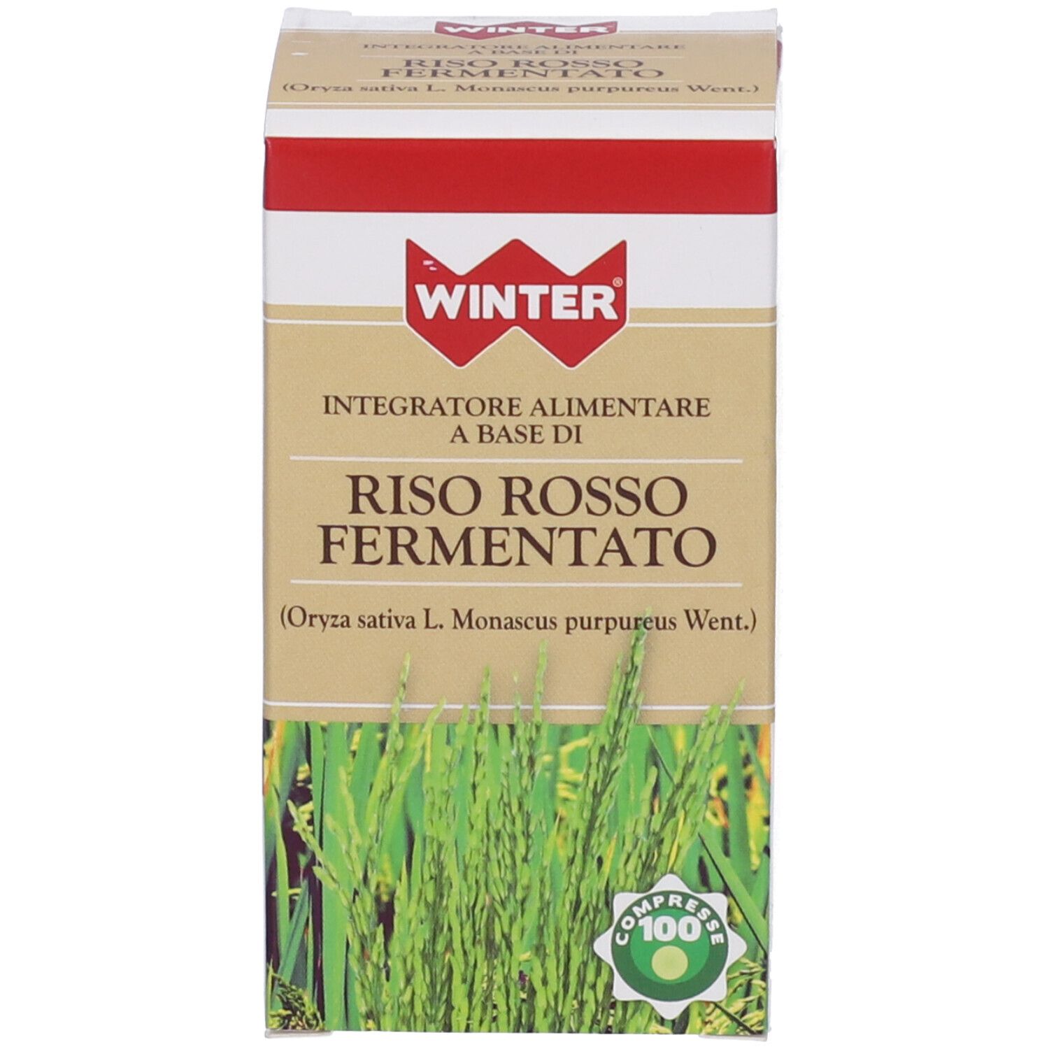 Confezione del prodotto. Scatola con nome del prodotto e logo. Sigillo verde e bianco. 100 compresse.