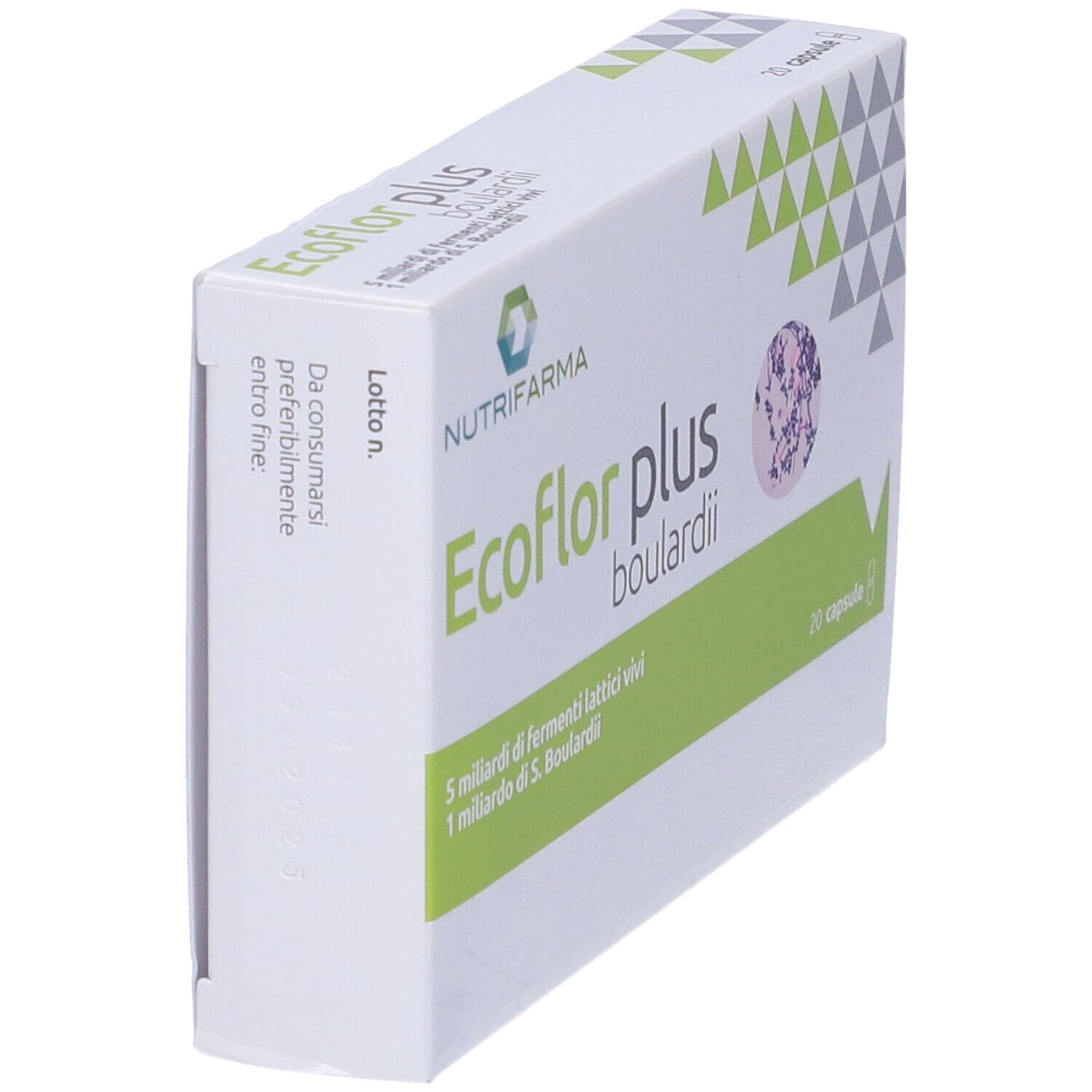 Vista angolata della confezione Ecoflor Plus Boulardii. Marchio Nutrifarma. Contiene 20 capsule. Confezione verde e bianca.