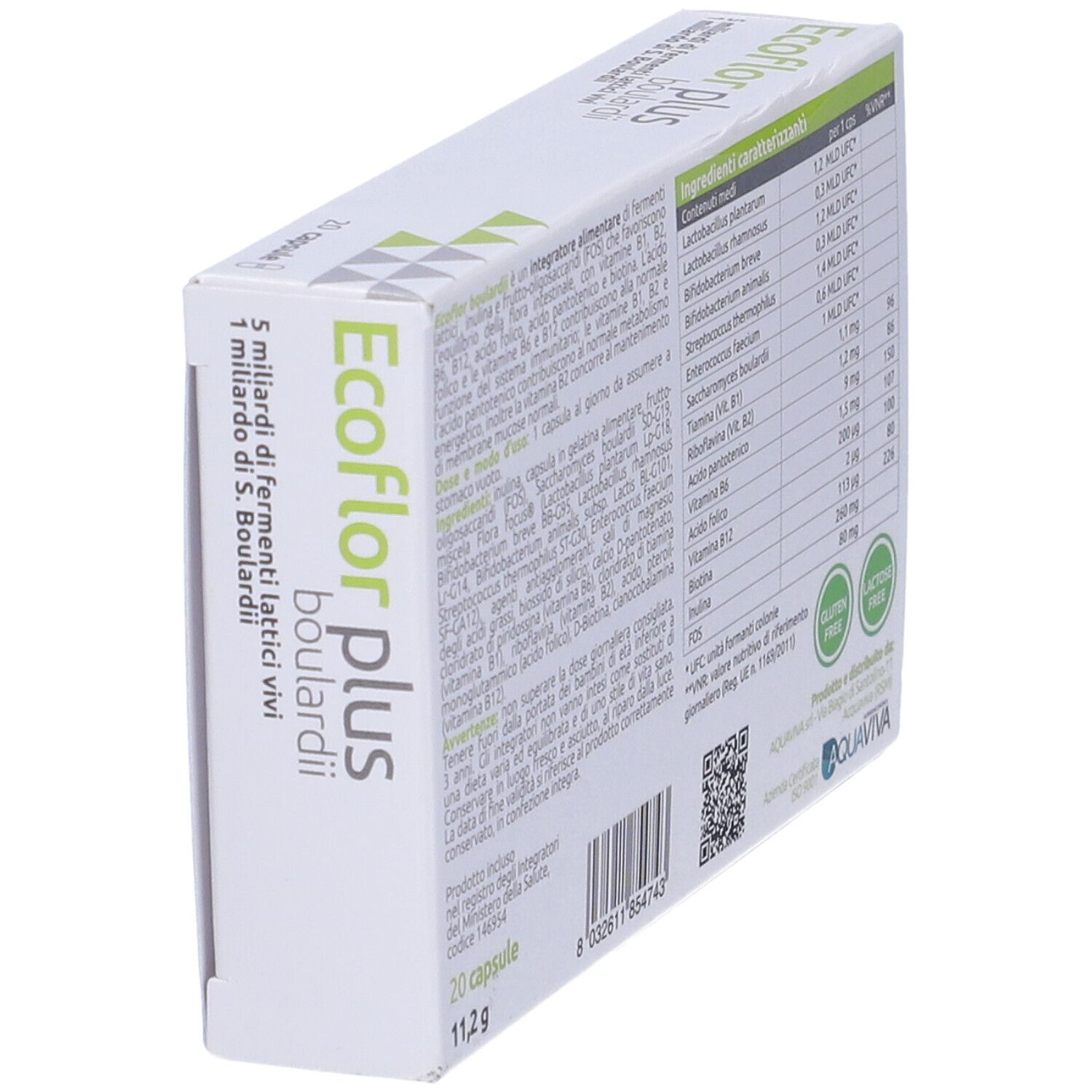 Vista angolata della confezione Ecoflor Plus Boulardii. Contiene ingredienti e informazioni nutrizionali. Senza glutine e lattosio.