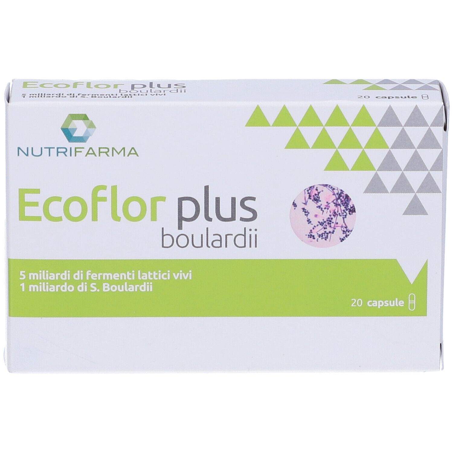 Confezione di Ecoflor Plus Boulardii. Contiene 20 capsule. Marchio Nutrifarma. Confezione verde e bianca con nome del prodotto.