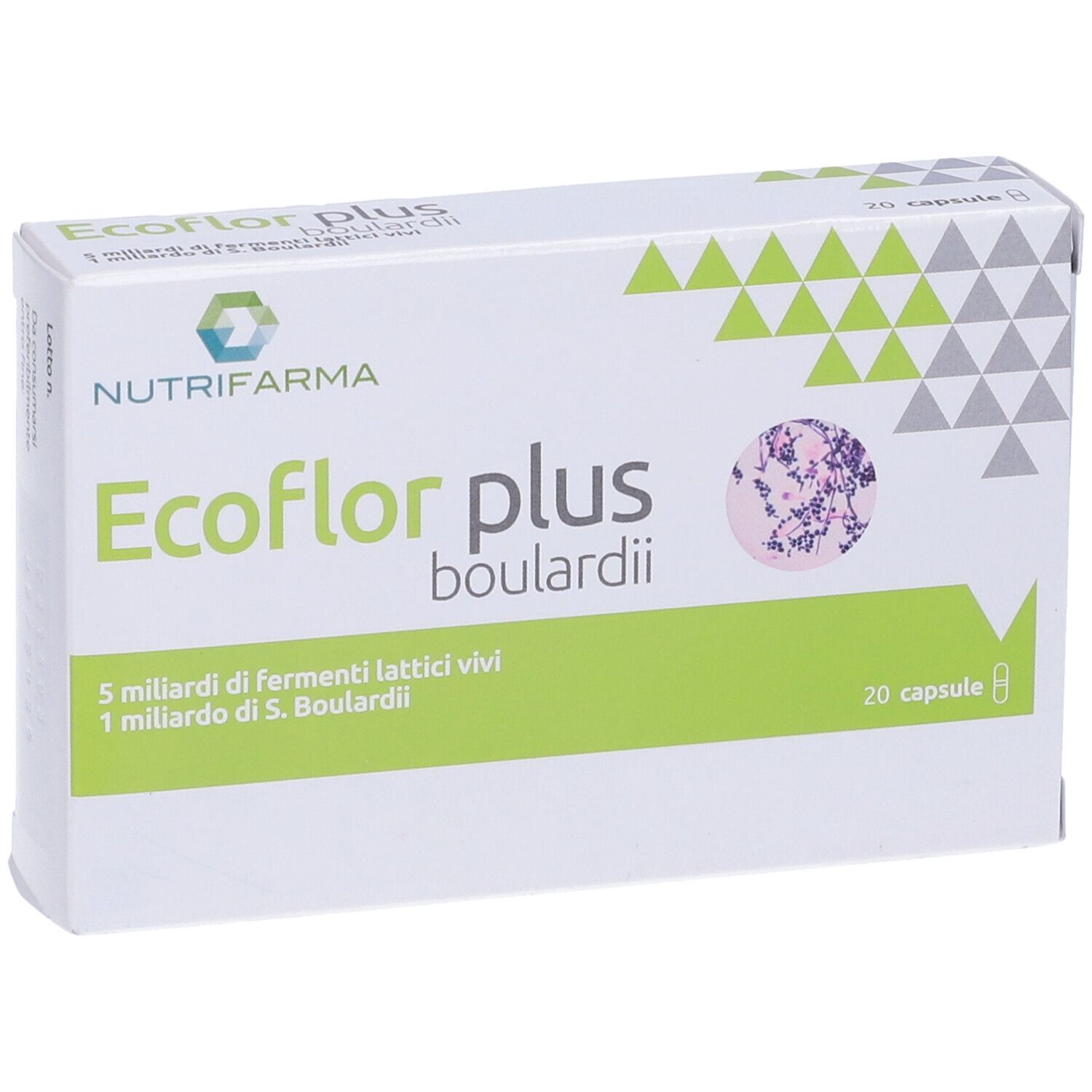 Confezione di Ecoflor Plus Boulardii. Contiene 20 capsule. Marchio Nutrifarma. Confezione verde e bianca con nome del prodotto.