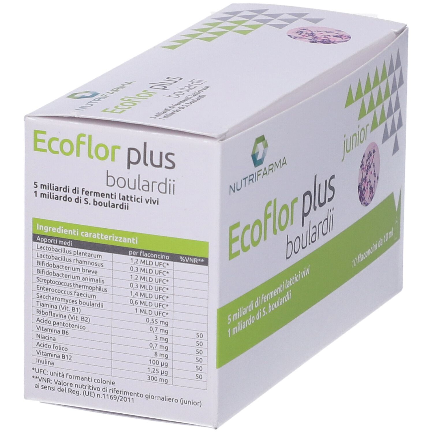 Scatola di Ecoflor Plus Boulardii Junior. Tabella degli ingredienti. Confezione verde e bianca con nome del prodotto.