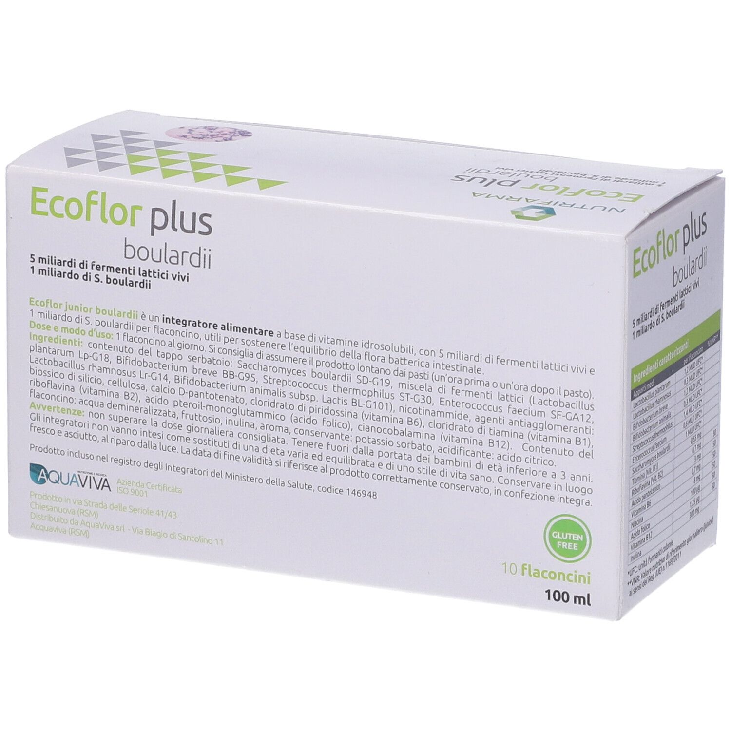 Scatola di Ecoflor Plus Boulardii Junior. Testo sulla confezione. Confezione verde e bianca con nome e logo.