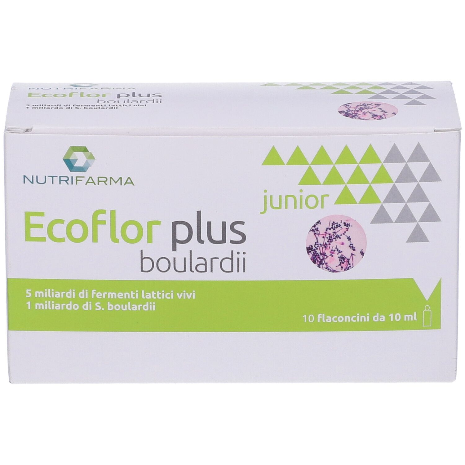 Scatola di Ecoflor Plus Boulardii Junior. Contiene 10 flaconcini. Confezione verde e bianca con nome e logo.