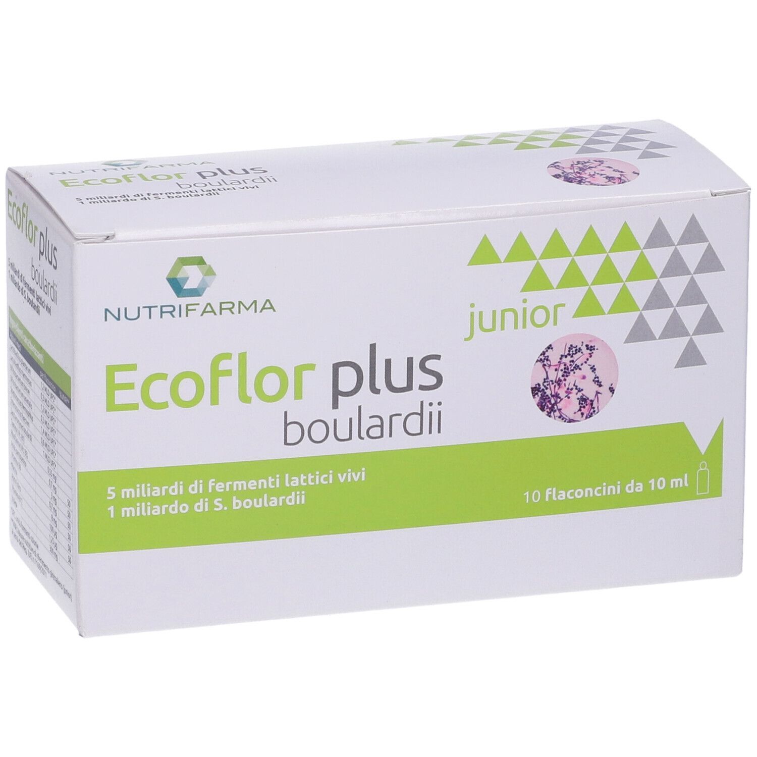 Scatola di Ecoflor Plus Boulardii Junior. Contiene 10 flaconcini. Confezione verde e bianca con nome e logo.