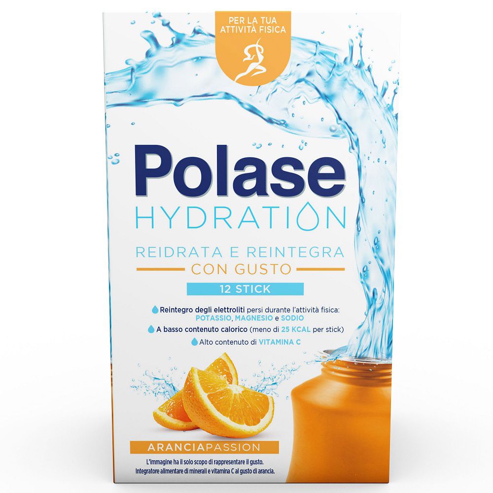 Confezione di Polase Hydration. Contiene 12 stick. Gusto AranciaPassion. Con vitamina C. Per l'attività fisica.