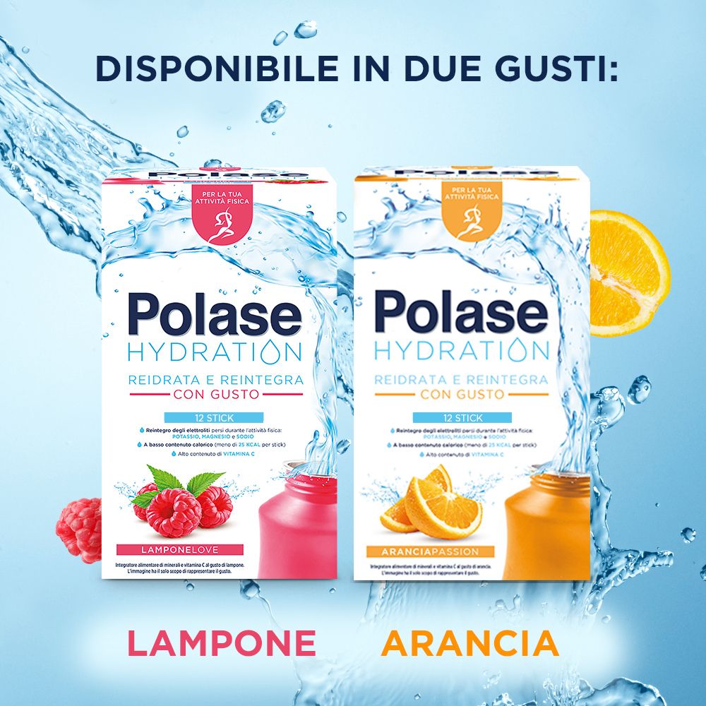Polase Hydration in due gusti: lampone e arancia. 12 stick per confezione. Con vitamina C.