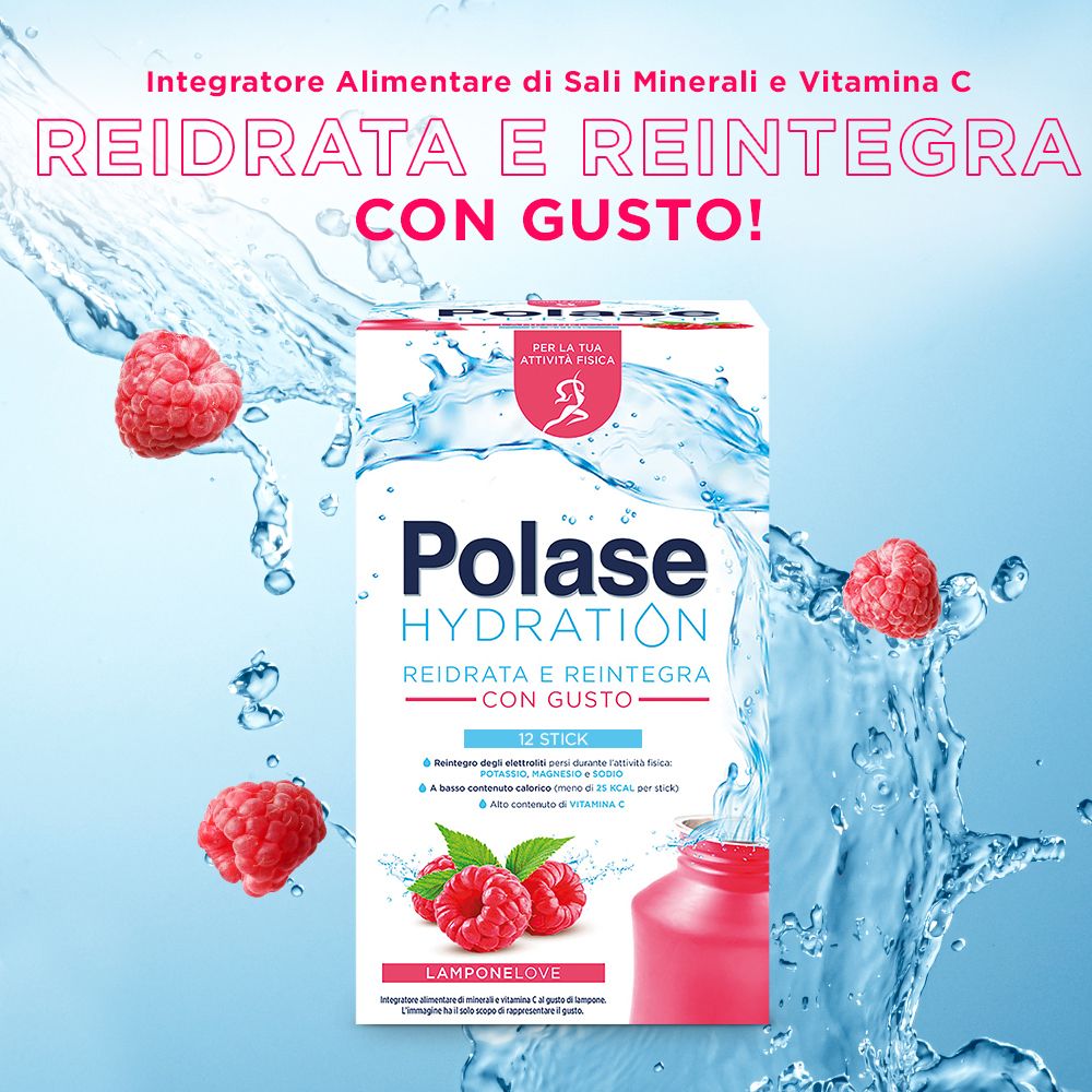 Confezione Polase Hydration con lamponi e acqua. Contiene elettroliti, magnesio, potassio e vitamina C.