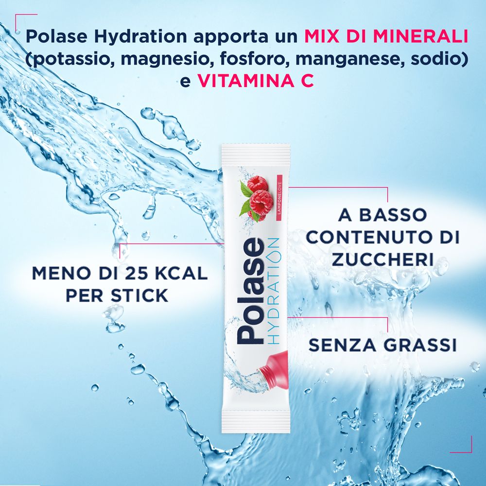 Confezione singola Polase Hydration. Contiene minerali e vitamina C. Meno di 25 kcal per stick. Senza grassi.