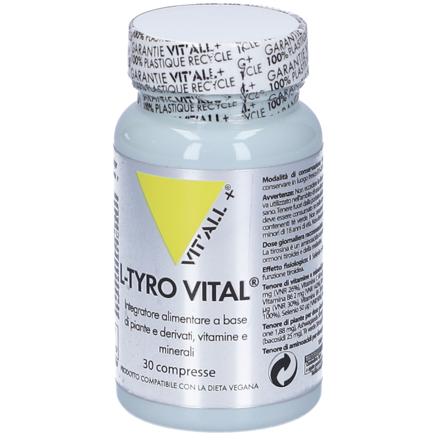 Flacone azzurro con tappo bianco. Scritta: L-Tyro Vital, 30 compresse. Triangolo giallo con logo. Testo in italiano.