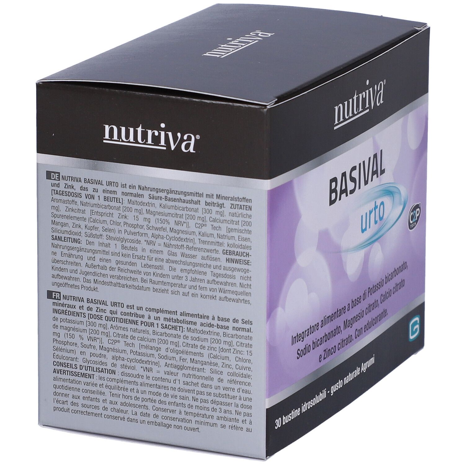 Retro della scatola Nutriva Basival Urto. Testo in tedesco, elenco ingredienti, informazioni nutrizionali, avvertenze.