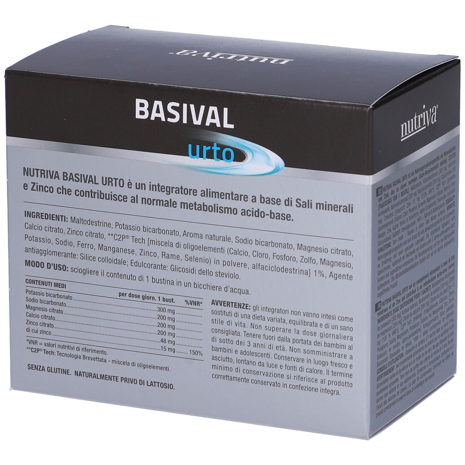 Retro della scatola Nutriva Basival Urto. Testo in italiano, elenco ingredienti, informazioni nutrizionali, avvertenze.