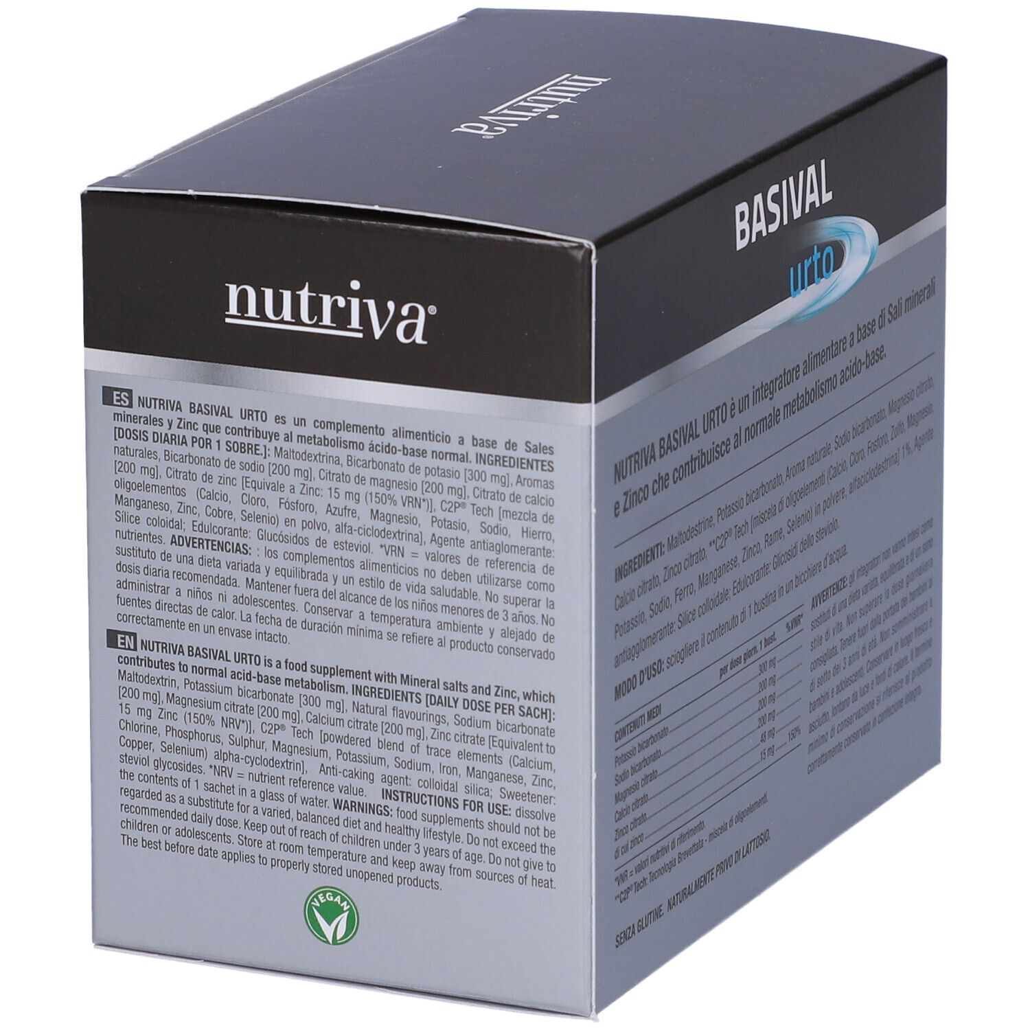 Retro della scatola Nutriva Basival Urto. Testo in inglese e spagnolo, elenco ingredienti, informazioni nutrizionali, avvertenze.