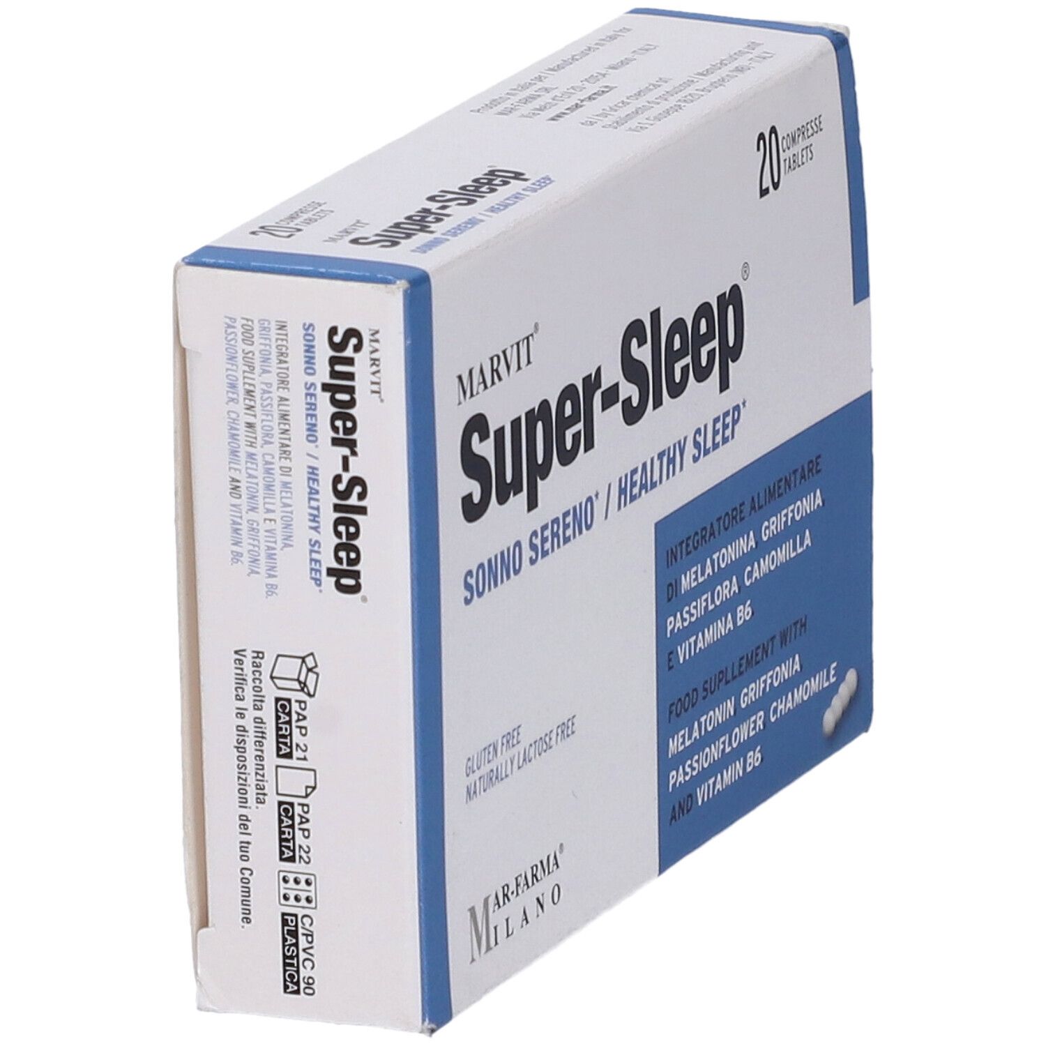 Scatola di compresse 'Super-Sleep'. Confezione blu e bianca. Contiene 20 compresse. Marchio Marvit.