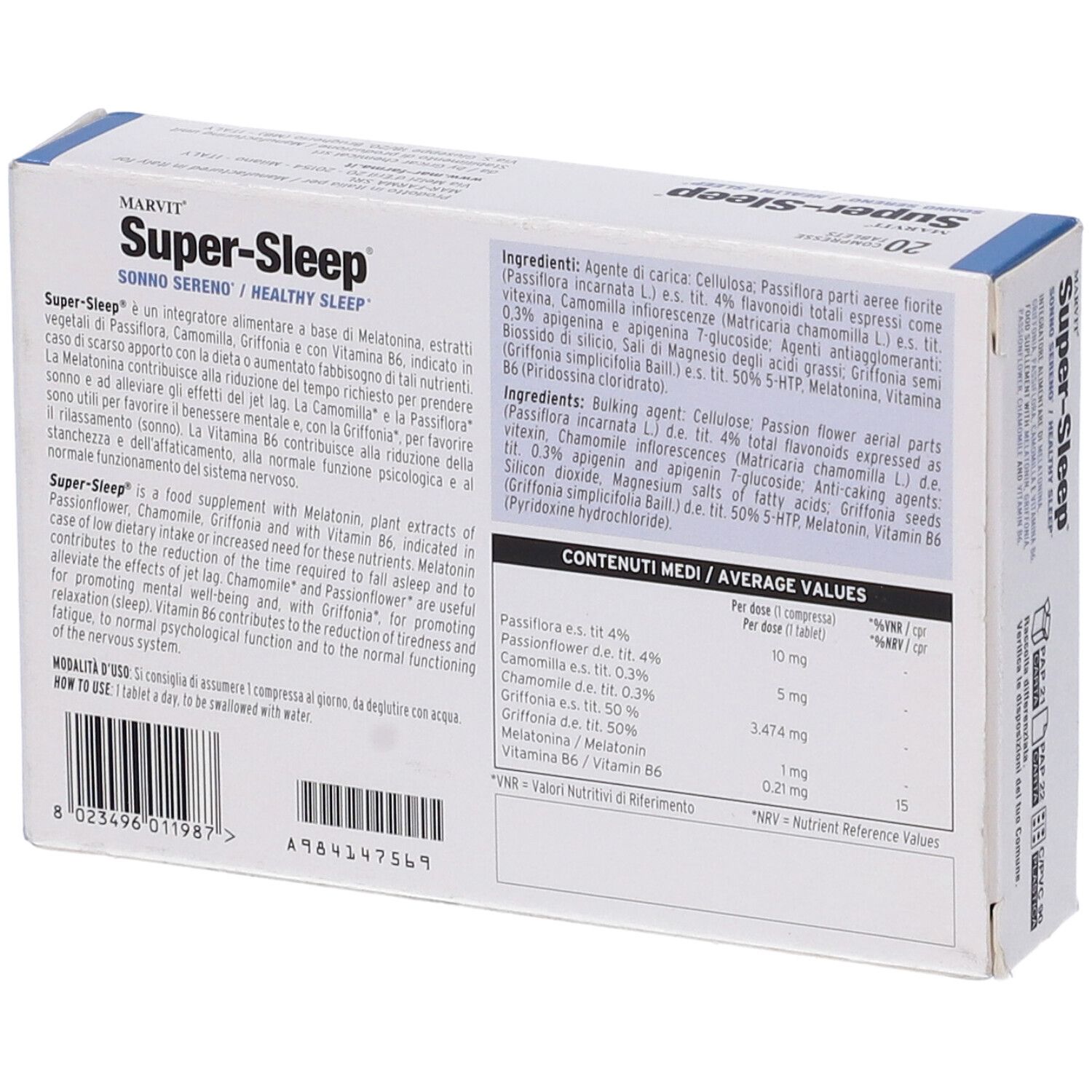 Retro della scatola di compresse 'Super-Sleep'. Contiene ingredienti e informazioni nutrizionali. Marchio Marvit.