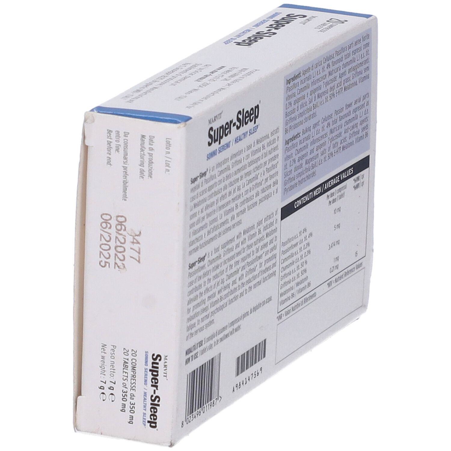Vista laterale della scatola di compresse 'Super-Sleep'. Contiene informazioni. Marchio Marvit.