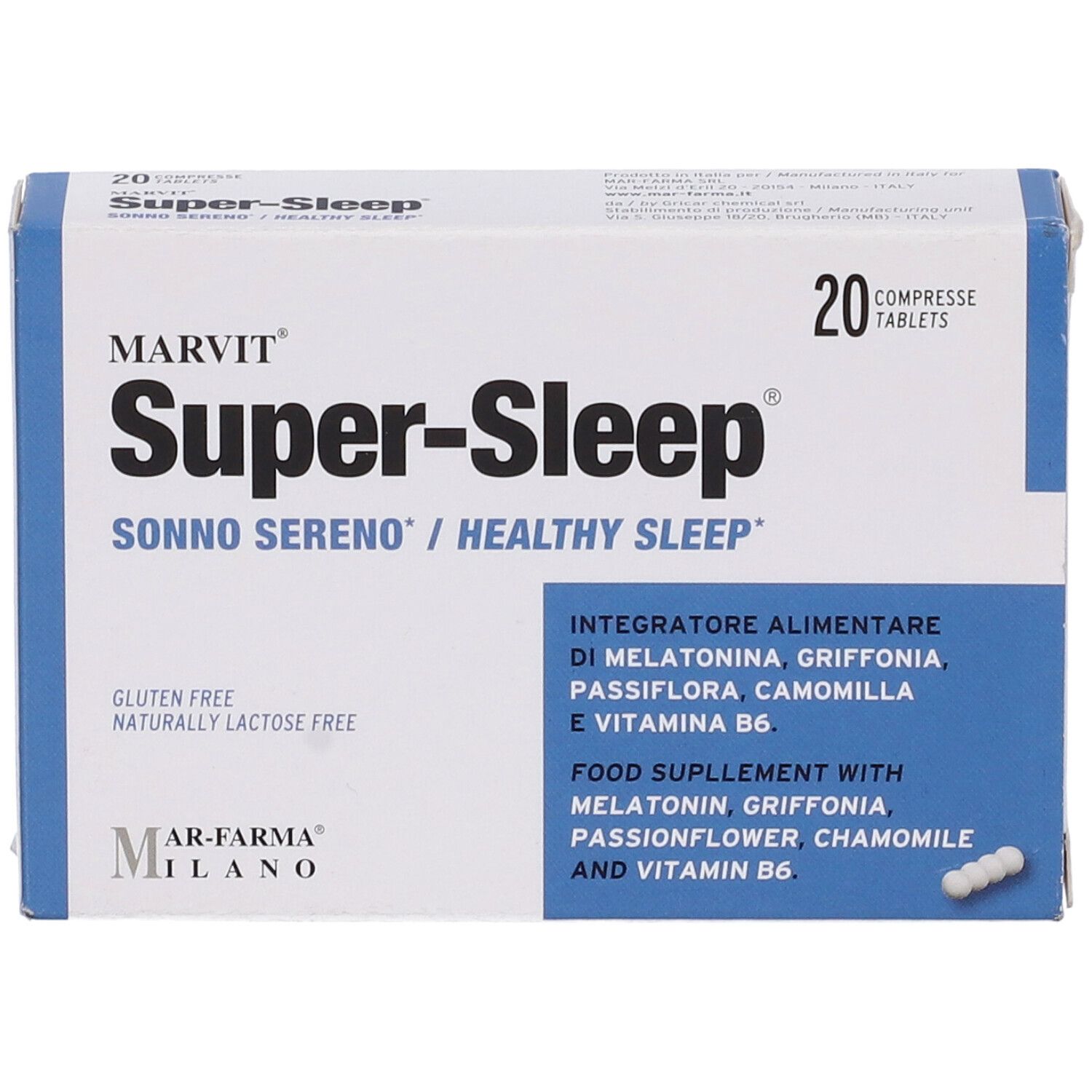 Scatola di compresse 'Super-Sleep'. Confezione blu e bianca. Contiene 20 compresse. Marchio Marvit.