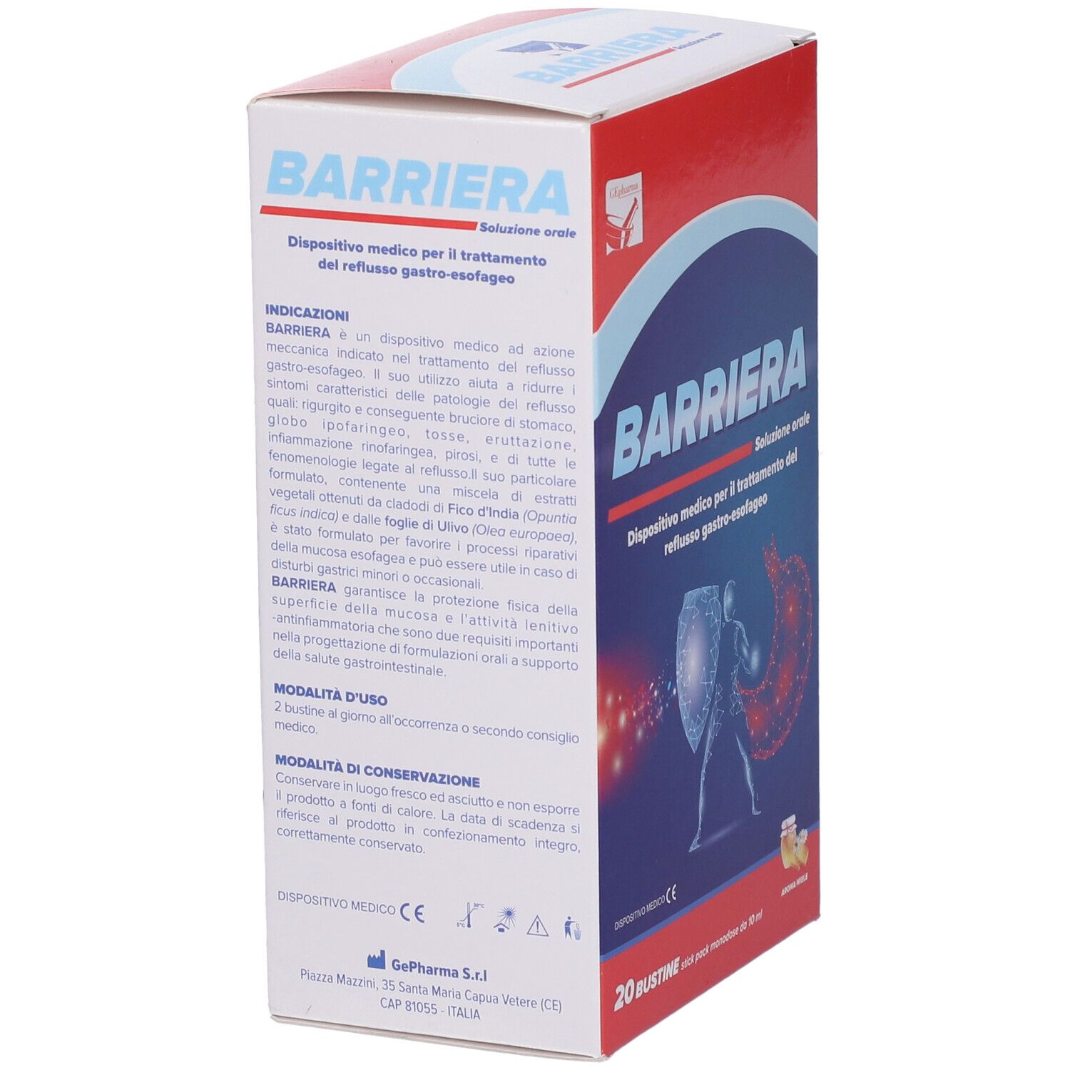 Vista laterale della scatola BARRIERA. Testo: dispositivo medico, trattamento del reflusso. 20 bustine. Ingredienti e istruzioni.