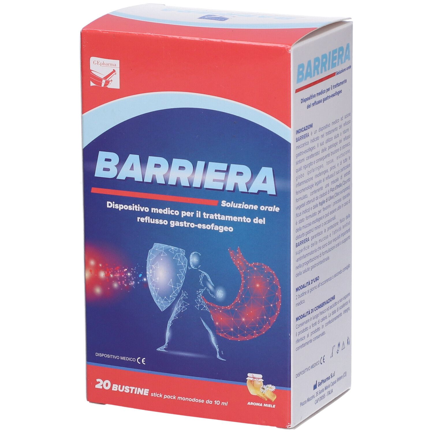 Scatola BARRIERA, dispositivo medico per reflusso gastroesofageo. 20 bustine. Immagine di stomaco e scudo.