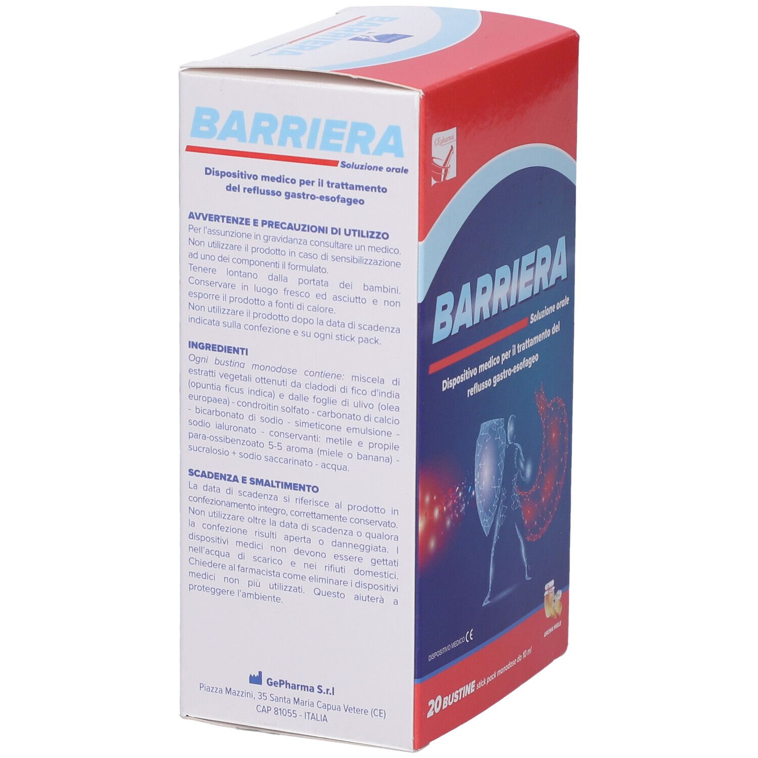 Vista laterale della scatola BARRIERA. Testo: dispositivo medico, trattamento del reflusso. 20 bustine. Ingredienti e istruzioni.
