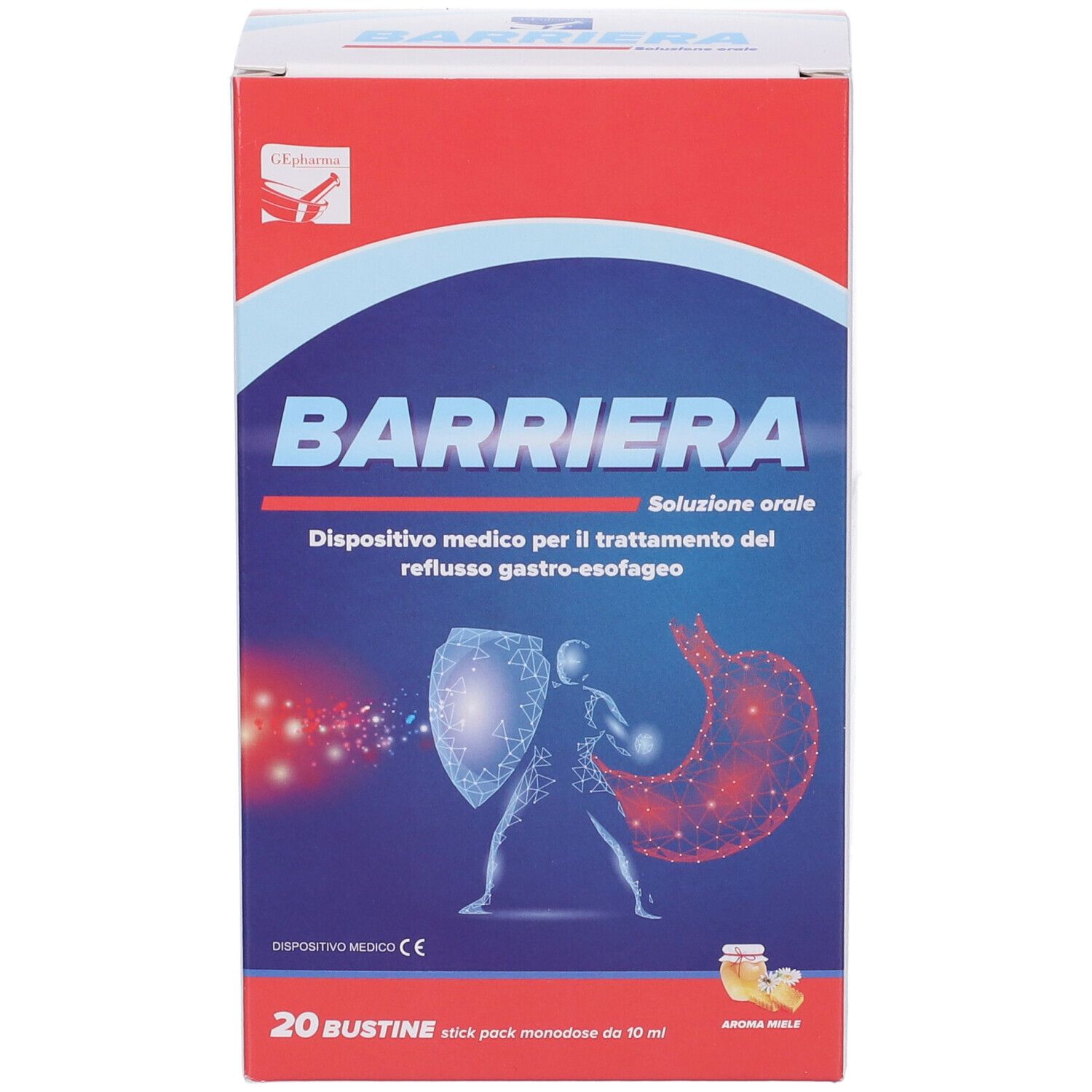 Scatola BARRIERA, dispositivo medico per reflusso gastroesofageo. 20 bustine. Immagine di stomaco e scudo.