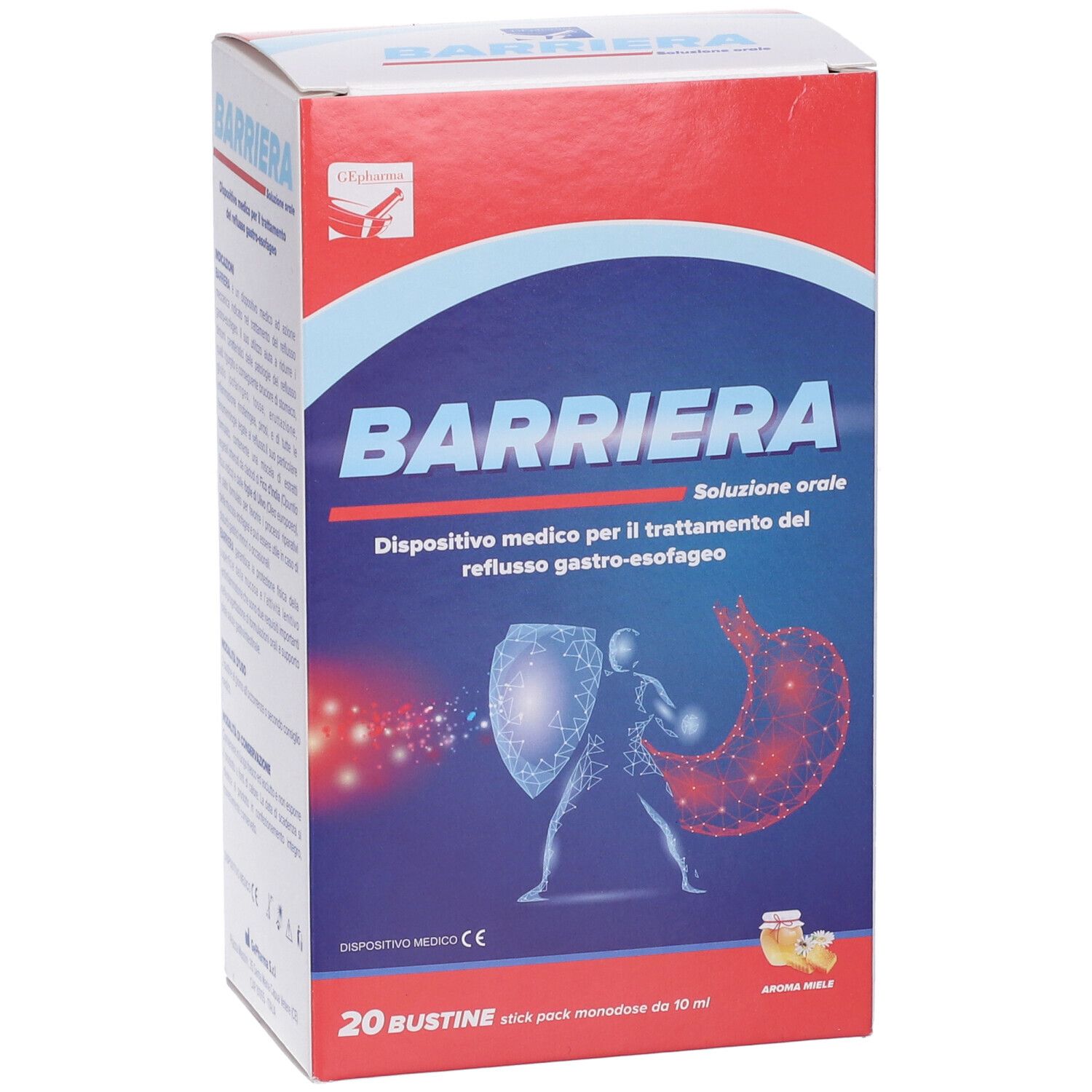 Scatola BARRIERA, dispositivo medico per reflusso gastroesofageo. 20 bustine. Immagine di stomaco e scudo.