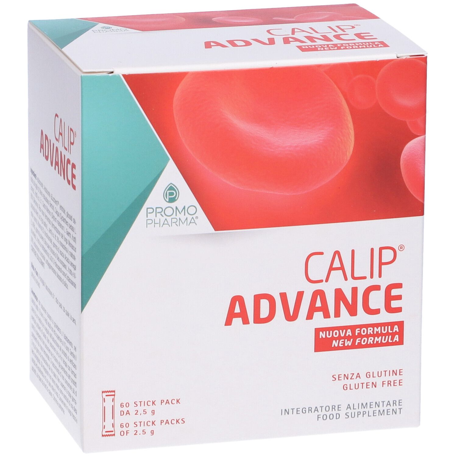 Confezione PromoPharma® Calip® Advance Stick. Bianca, design rosso e nome del prodotto. Contiene 60 stick. Senza glutine.