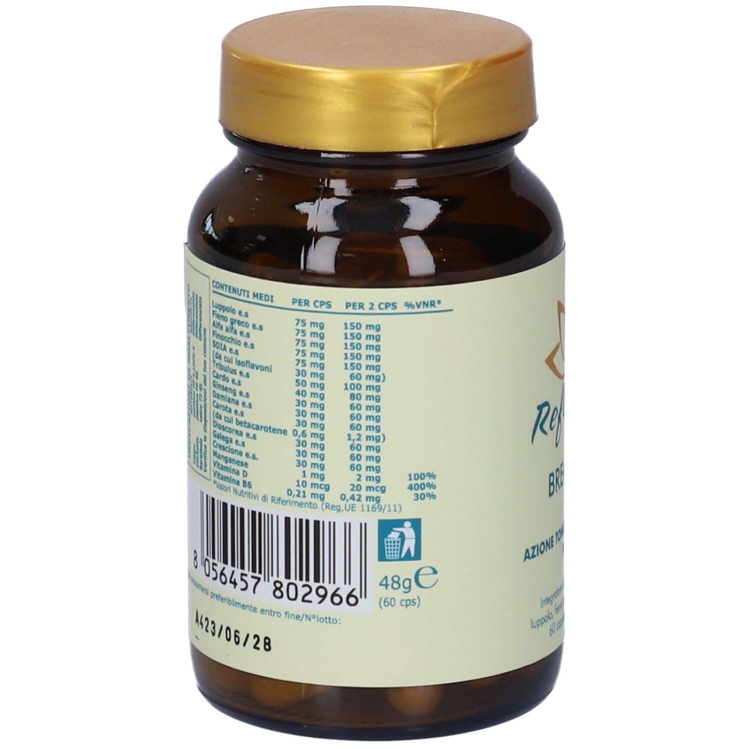 Retro del flacone con tabella ingredienti. Contiene informazioni nutrizionali e simbolo di riciclo.